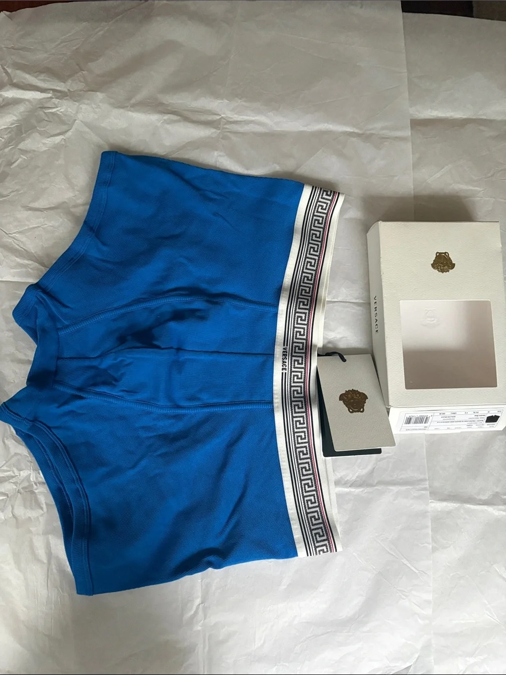 Versace MENS Blue Athletic Shorts with Greek Key Waistband size 6-L brand new